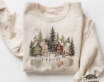 Ice Skating Christmas Village Sweatshirt - 90s Vintage Holiday Sweater - Mountain Pine Trees Clothing