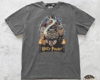 Camiseta gráfica vintage de gato peludo, Camiseta Cat Wizard Comfort Colors®, Camiseta para amantes de los gatos, Camiseta de fantasía, Camiseta de escuela de magia, Regalo para lectores