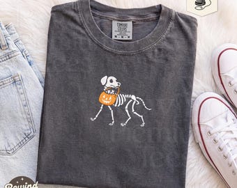 Embroidered Skeleton Dog Comfort Colors Shirt - Embroidered Halloween Shirt - Spooky Dog T-Shirt - Trick or Treat Shirt