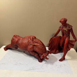 Vintage 1968 Universal Statuary Co Red Matador & Bull Statues MCM Decor