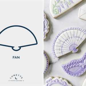 Puede incluir: Un contorno azul marino de un cortador de galletas en forma de abanico junto a galletas decoradas. Las galletas están decoradas con glaseado blanco y lavanda, en forma de abanico, máscara y otras formas.