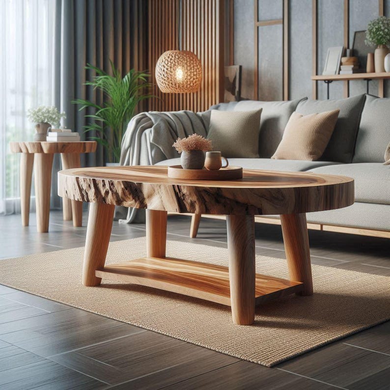 Rustic Live-edge Oval Coffee Table With Solid Wood Shelf Natural Finish ...