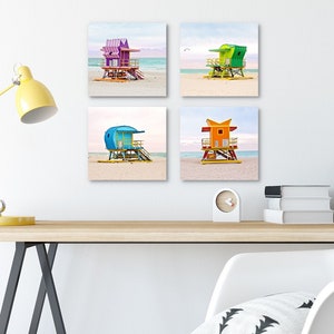 Colorful Set of 4 Canvas Art Prints, Coastal Miami Beach Decor