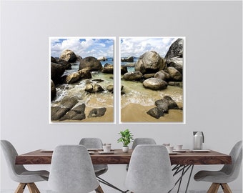Set of 2 Art Prints or Canvases, The Baths Virgin Gorda, Coastal Beach Wall Art Home Decor