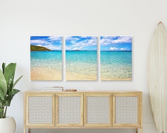 Set of 3  Caribbean Coastline Art Prints or Canvases, Coastal Beach Shoreline Wall Art Decor
