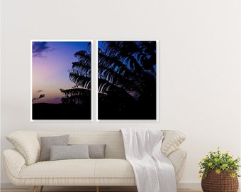 Set of 2 Palm Tree Sunset Silhouette Purple Shoreline Art Prints or Canvases, Beach Wall Art Home Decor