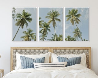 Set of 3 Palm Tree Art Prints or Canvases, Coastal Wall Art Decor