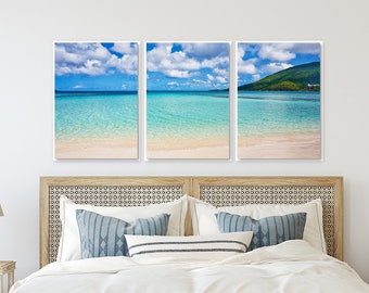 Set of 3  Caribbean Bay Art Prints or Canvases, Coastal Beach Shoreline Wall Art Decor