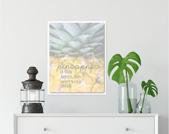 Coastal Home Decor, Pineapple Inspirational Typography Tropical Art