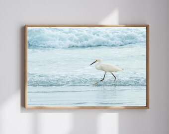 Egret Beach Wall Art Print, Feathers and Sea Foam Large Coastal Living Room Canvas