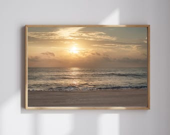 Golden Coastal Sunrise Beach Wall Art Print, Large Coastal Living Room Canvas