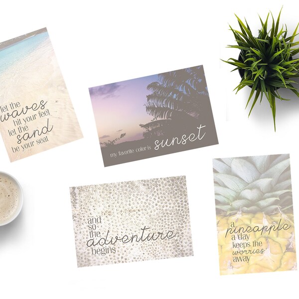 SALE Typography Beach Art Postcard Set Tropical Pineapple Set of 4 Sunset Sea Shell Inspirational Blank Cards Sea Coral Coastal Sand