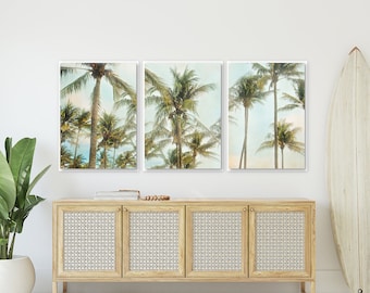 Set of 3 Sunrise Palm Tree Art Prints or Canvases, Coastal Wall Art Decor