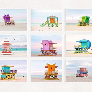 Miami Beach Prints, South Beach, SALE, Beach Decor Wall Art, Art Deco Lifeguard Stands, Florida, Gallery Wall, Set of 9, 5x7, 8x10