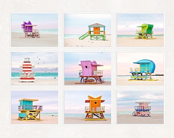 Miami Beach Prints, South Beach, SALE, Beach Decor Wall Art, Art Deco Lifeguard Stands, Florida, Gallery Wall, Set of 9, 5x7, 8x10