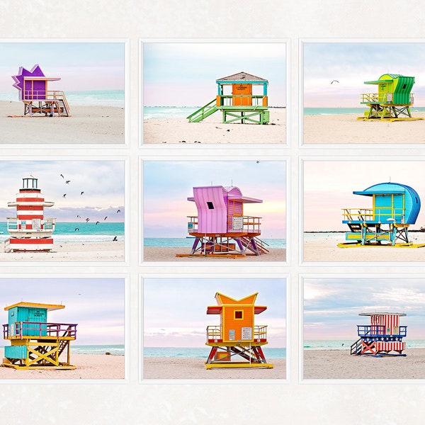 Láminas de torres de salvavidas de Miami Beach, decoración de pared costera, juego de 9 láminas estilo art déco