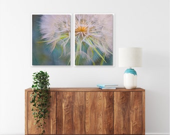 Set of 2 Art Prints or Canvases, Dandelion Close Up Wall Art, Botanical Flower Home Decor Prints