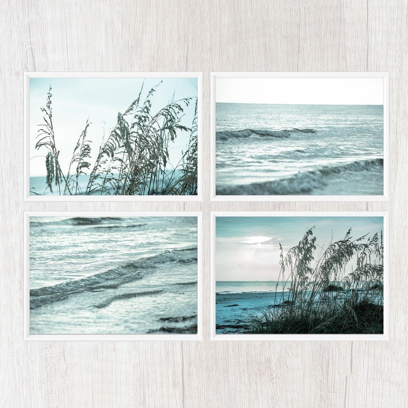 Coastal Gallery Wall Art Set Teal Beach Art Prints Set of 4 Etsy