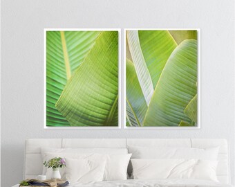 Set of 2 Art Prints or Canvases, Green Abstract Tropical Banana Palm Leaves, Wall Art Home Decor