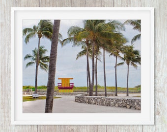 Miami Beach Art Print, Palm Tree and Lifeguard Towers Tropical Wall Art Photography Prints