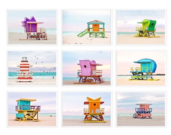 SALE Miami Beach Lifeguard Stand Prints, Art Deco Beach Wall Art, Florida Lifeguard Towers Gallery Set of 9