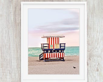 Miami Beach Lifeguard Shack Art Print: Red White & Blue Coastal Decor