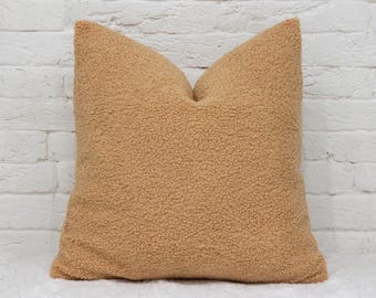 Cozy Sherpa Throw Pillow Cover | Square Teddy Fabric Cushion, Faux Fur Home Decor | Warm Neutral Textured Accent Pillow, Living Room Bedroom