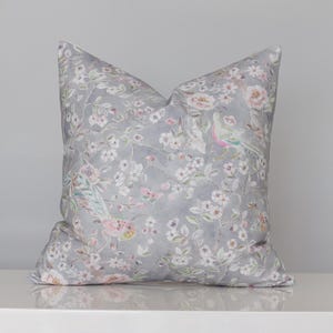 Cottage Core Throw Pillow - Watercolor Floral Print Cushion, Birds Summer Garden Decor, Botanical Cotton Pillow Cover 16x16 18x18 20x20