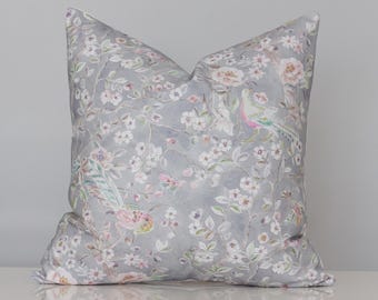 Cottage Core Throw Pillow - Watercolor Floral Print Cushion, Birds Summer Garden Decor, Botanical Cotton Pillow Cover 16x16 18x18 20x20
