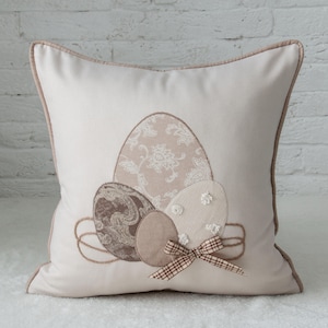 Easter Elegance Decorative Pillow Cover - Handcrafted Egg, Vintage Fabric Appliqué - Farmhouse Spring Home Decor, Cottage Core Throw Cushion