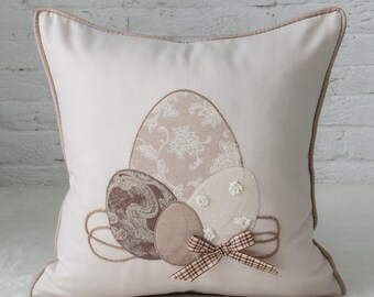 Easter Elegance Decorative Pillow Cover - Handcrafted Egg, Vintage Fabric Appliqué - Farmhouse Spring Home Decor, Cottage Core Throw Cushion