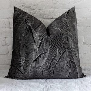 Luxury Black and Silver Throw Pillow, Modern Metallic Leaf Design, Decorative Cushion for Living Room or Bedroom, Elegant Velvet Decor 20x20