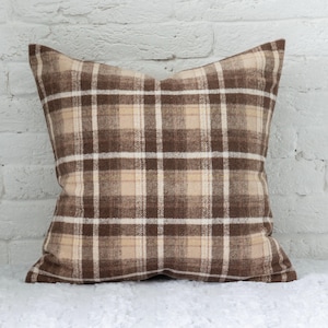 Rustic Plaid Throw Pillow - Brown and Cream Wool Cushion Cover, Farmhouse Style Wool Checkered Decorative Pillow for Living Room or Bedroom