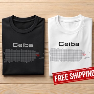 May include: Two t-shirts, one black and one white, with the word "Ceiba" above a dotted outline of a landmass. The black shirt has a grey outline with a red dot, while the white shirt has a grey outline with a red dot.
