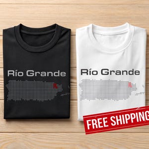 May include: Two t-shirts, one black and one white, with the text "Río Grande" and a dotted map of Puerto Rico. The map highlights a red area. A red "FREE SHIPPING" banner is visible.