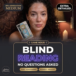 May include: A person holding a High Priestess tarot card with text that reads 3RD GENERATION MEDIUM, EXTRA DETAILED, SAME HOUR, BLIND READING, NO QUESTIONS ASKED, JUST YOUR NAME, HONEST INSIGHT, and Medium Alexandria in a circular logo.