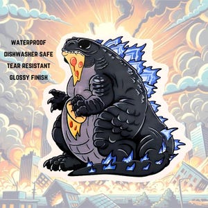 Autocollant CARB ZILLA, Godzilla mangeant une pizza, autocollant de film Godzilla, autocollant kaiju, bouteille d'eau, ordinateur portable, imperméable, autocollant lavable au lave-vaisselle