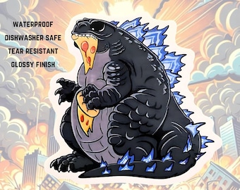 CARB ZILLA sticker, Godzilla eating pizza, Godzilla movie sticker, kaiju sticker, water bottle, laptop, waterproof, dishwasher safe sticker