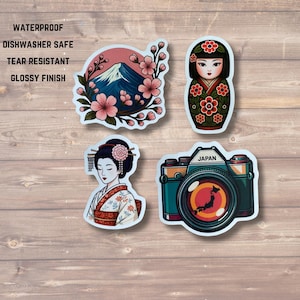 JAPAN ultimative Sticker-Pack, Vinyl, wasserfeste Aufkleber: Geisha, Mt Fuji, Kamera mit Japan Umriss, Kokeshi Puppe, Souvenir aus Japan
