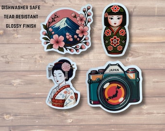 JAPAN Ultimate Sticker Pack, Vinyl, Waterproof Stickers: Geisha, Mt Fuji, Camera with Japan outline, Kokeshi Doll, Souvenir From Japan