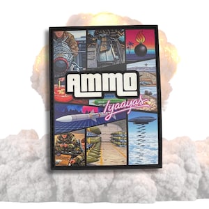 May include: A rectangular patch featuring a collage of military-themed illustrations, including missiles, aircraft, and soldiers. The word AMMO is printed in large white letters, with the word Iyaayas written in pink script across the center.