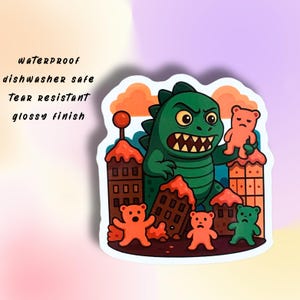 Pegatina de kaiju kawaii y ositos de goma, impermeable, duradera y apta para lavavajillas, pegatina kawaii de Japón, lindo monstruo de pastel y ositos de goma