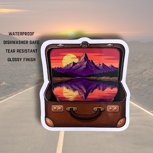 Pegatina de montañas y atardecer, impermeable, duradera, apta para lavavajillas, para botellas de agua, portátiles, álbumes de recortes, diarios, aventuras y viajes.