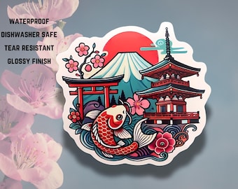 Japan sticker: MT Fuji, cherry blossoms, Torii gate, Koi fish, waterproof vinyl water bottle, laptop sticker, gift , souvenir from Japan