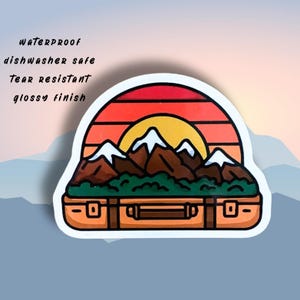 Pegatina de montañas y atardecer, impermeable, duradera, apta para lavavajillas, para botellas de agua, portátiles, álbumes de recortes, diarios, aventuras y viajes.