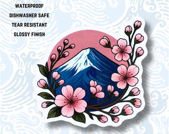 MOUNT FUJI  Cherry Blossoms Japan sticker, sakura sticker, waterproof vinyl water bottle, laptop sticker, gift, souvenir from Japan, travel