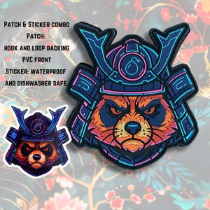 May include: A patch and sticker combo featuring a raccoon samurai design. The patch has hook and loop backing and a PVC front. The sticker is waterproof and dishwasher safe. The design includes a raccoon wearing a blue and pink samurai helmet.