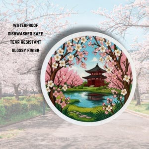 Sticker Kawaii-stijl Japan Park met kersenbloesem en heiligdom, waterdichte, duurzame sticker, souvenir uit Japan, reiscadeau