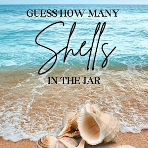 May include: Guess how many shells are in the jar. A close-up of seashells on a sandy beach with ocean waves in the background.