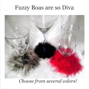 Fuzzy Boa wine cocktail beverage coaster  Choose Favorite Colors. Slip-on wine coaster and identifier. Wearable stemware coasters.